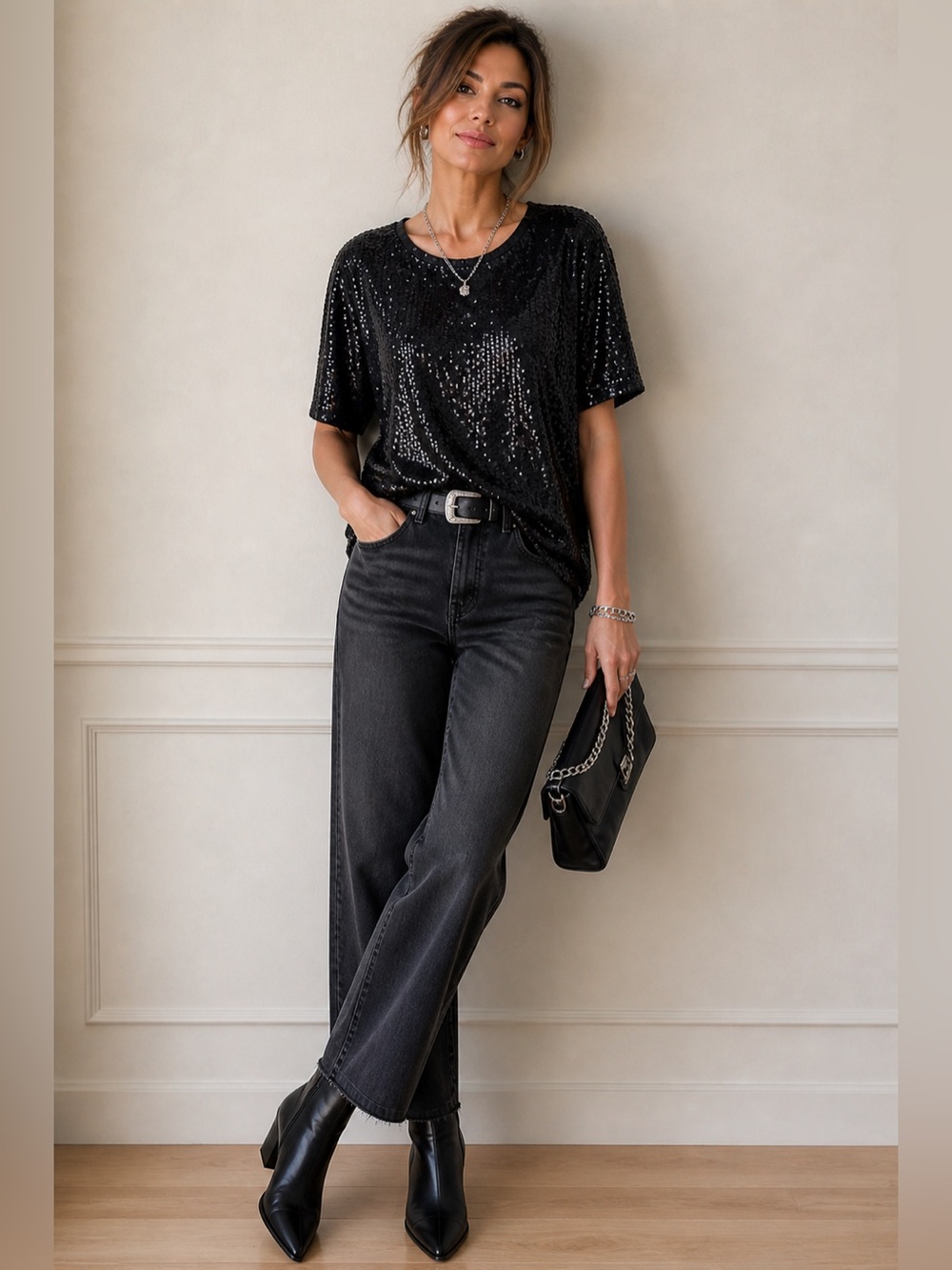 Every Women's Black Sequin Short-Sleeve Round Neck Crop Top Size Medium